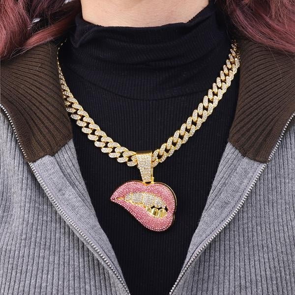Punk Hip Hop Iced Out Crystal Bite Lip Shape Pendant Necklace Chunky Miami Cuban Link Chain Necklace Zircon Choker for Women Men Jewelry