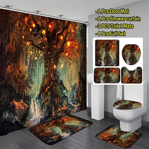 Art Mystic Forest and Waterfall Landscape Bathroom Shower Curtain Set Decro Waterproof Bathroom Shower Curtain Mats Rugs Set Non-Slip Bathroom Carpet