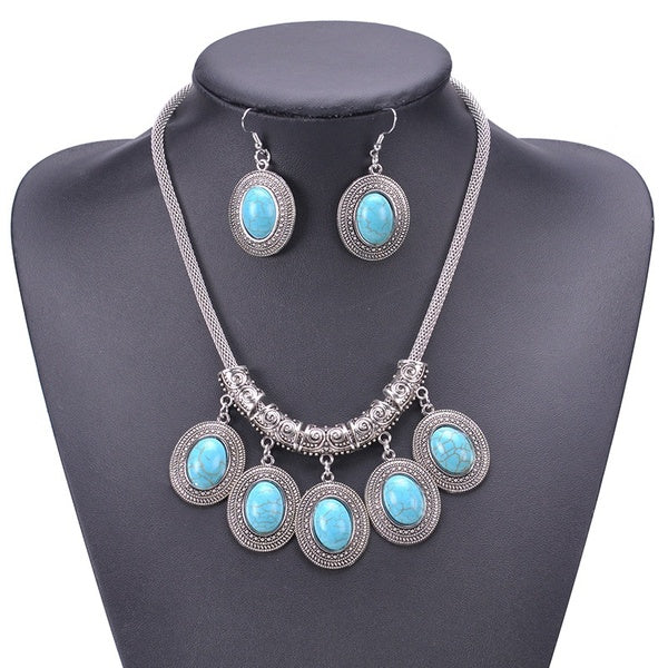 Fashion New Vintage Style Turquoise Pendant Choker Necklace Earring Set Vintage Silver Tassel Jewelry Set