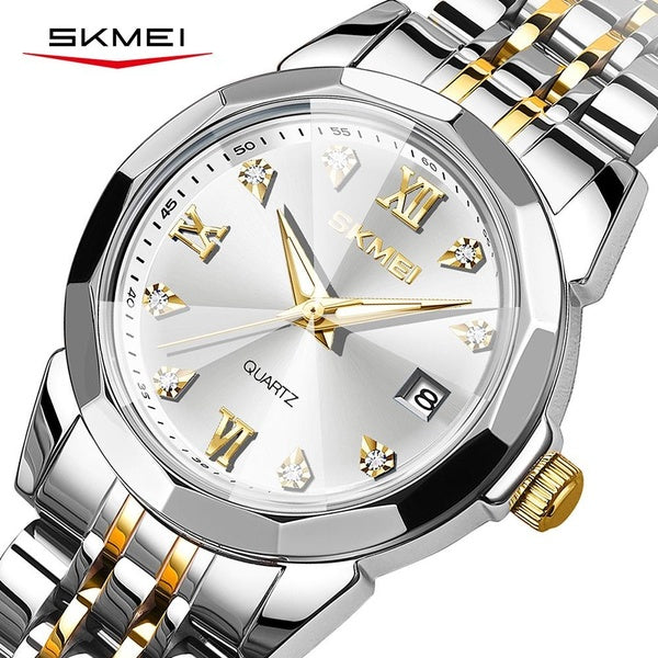 SKMEI 7070 Montre à quartz étanche pour femme, accessoire de mode, de loisirs, de luxe, élégant, avec cadran rond, bracelet en acier inoxydable, boît