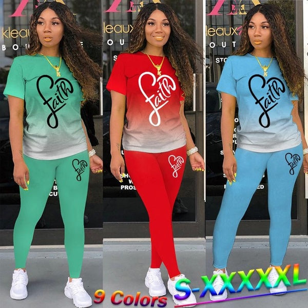 New Women Gradient Sports Fitness Casual Two Piece Sets Fashion Faith Graphic Printed Short Sleeve Tee-Top + Legging Suit Summer Tracksuit Outfits