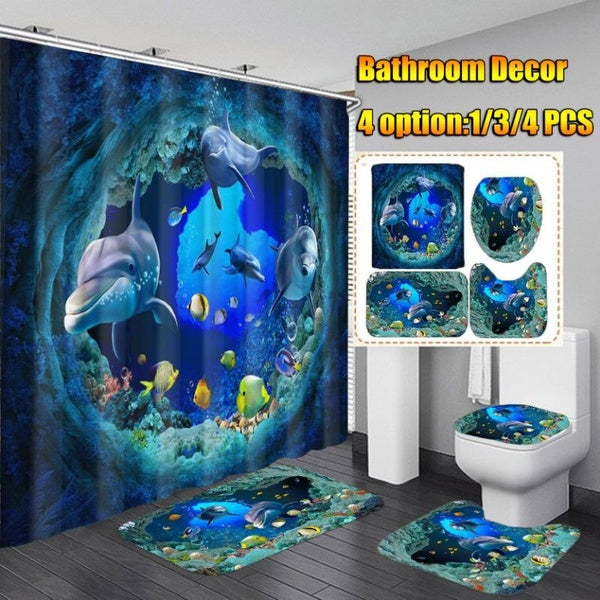 4 Options Ocean Dolphin Deep Sea Waterproof Shower Curtain Bathroom Toilet Seat Cover Mat Home Room Carpets Rugs Bath Mat(1-3-4PCS)