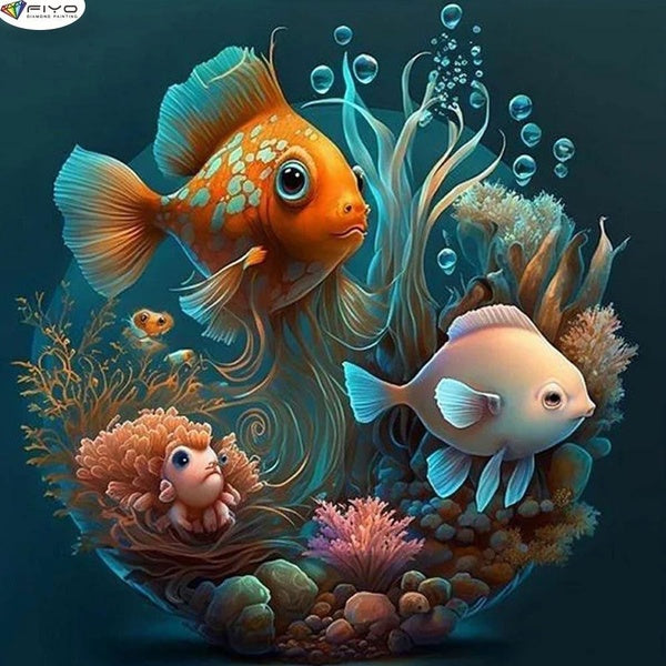 Fish 5D Diamond Painting Kits Full Drill Crystal Embroidery Pictures Arts Craft for Home Wall Decor(Full Round 25x25-30x30-40x40-50x50cm)(Full Square