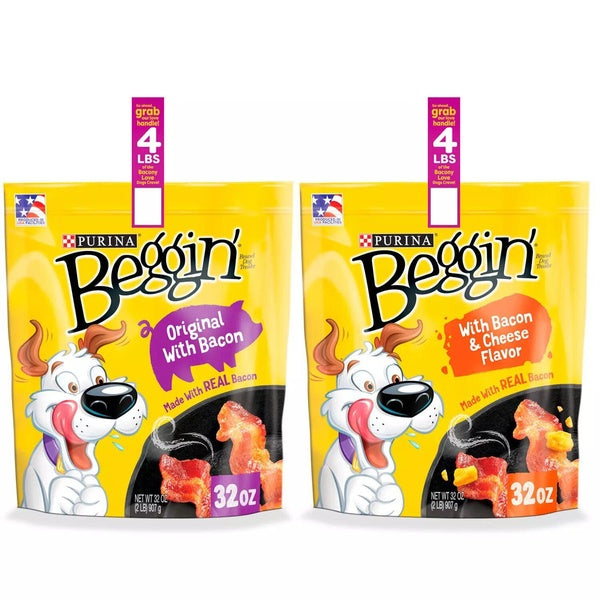 Purina Beggin' Strips Dog Treats, Bacon & Bacon + Cheese Flavors, 32 oz, 2 pk