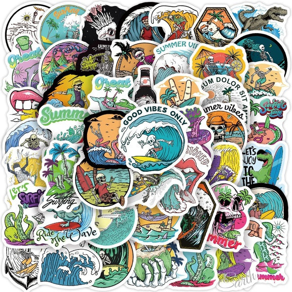 10-50pcs Funny Summer Skull Surfing Stickers Beach Travel Graffiti Surf Sticker for Surfboard Laptop Car Bicycle Water Bottle