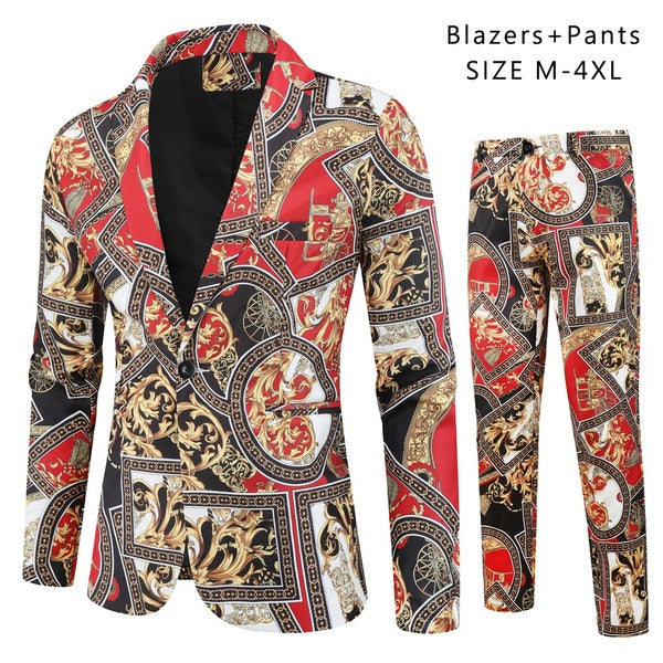 (Blazer+Pants) Fashion Mens Luxury Printed Leisure Slim Fit Two-pieces Suits Best Man Gentleman Casual Wedding Blazers Groom Business Suit for Men