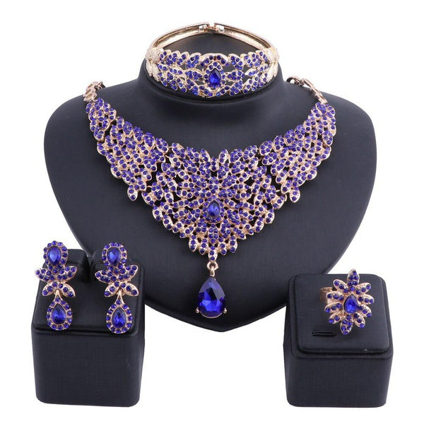 Women Bridal Costume Choker Statement Rhinestones Crystal Necklaces Earring Bangle Ring Party Jewelry Sets