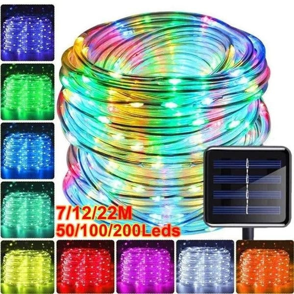 (7M-12M-22M)50-100-200 LED Solar Rope Light Tube String Lights 8 Modes Color Changing Fairy Lights Waterproof Outdoor Landscape Decoration Lighting f