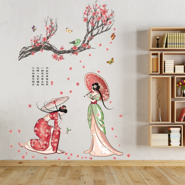 Chinese style retro classical costume beauty people wall stickers art decal creative flower tree lady figure butterfly bird