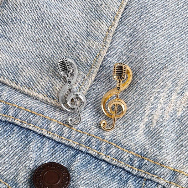 Mode or argent Microphone broches Note de musique émail broche pour femmes hommes chanteur fête accessoires épinglettes Badges bijoux