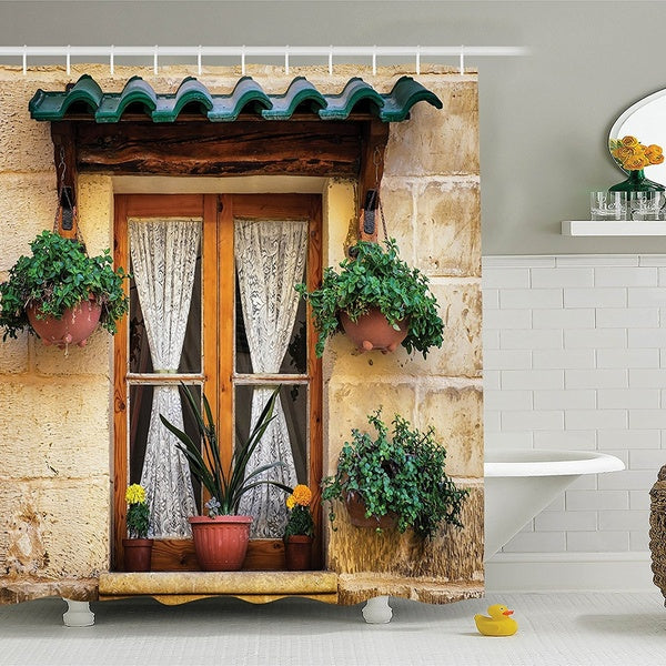 Shutters Decor Shower Curtain Set By, Basket Of Flowers At Historic Building Window With Classic Lace Curtain Inside Image, Bathroom Accessories, 66W