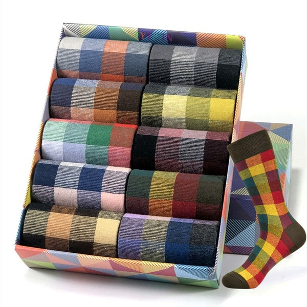 Men's socks business casual cotton socks gentleman plaid striped socks fashion design European and American standard socks (No box)