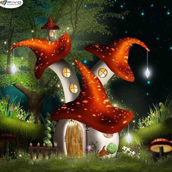 FIYO Mushroom House DIY 5D Diamond Painting Full Drill with Number Kits Home and Kitchen Fashion Mosaic Diamond Painting Canvas Wall Decoration Gift