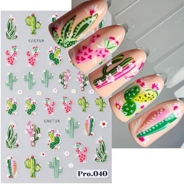 Cactus Plants 3D Nail Stickers Toucan Barbary Fig Daisy Flowers Leaves Lines Gel Polish Decals Nail Art Sliders Summer Design