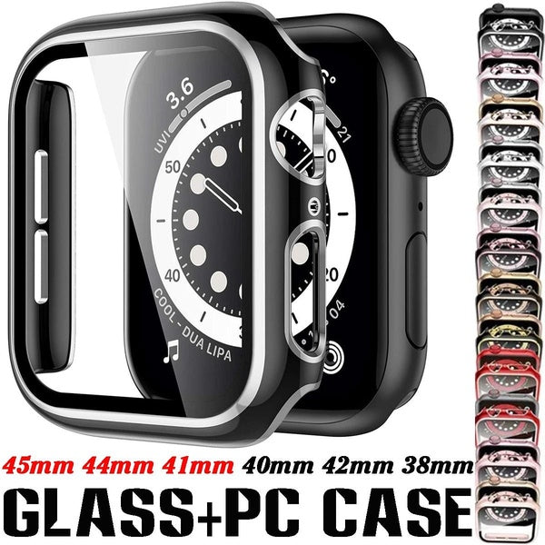 Coque en verre + PC pour Apple Watch Case 8 7 SE 6 45mm 41mm 44mm 40mm Watch Bumper + Screen Protector Cover pour Apple Watch Series 3 4 5 42mm 38mm
