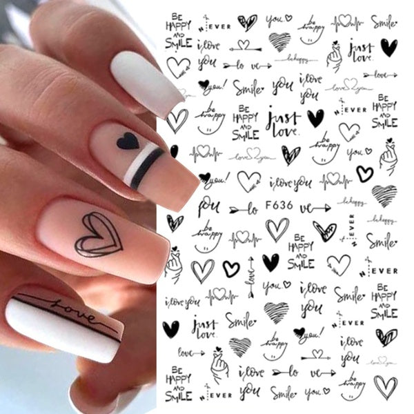Love Heart 3D Nail Stickers Valentine's Day Design 2021 Simple Black White Nail Art Decoration Self-adhesive Slider Decal F636