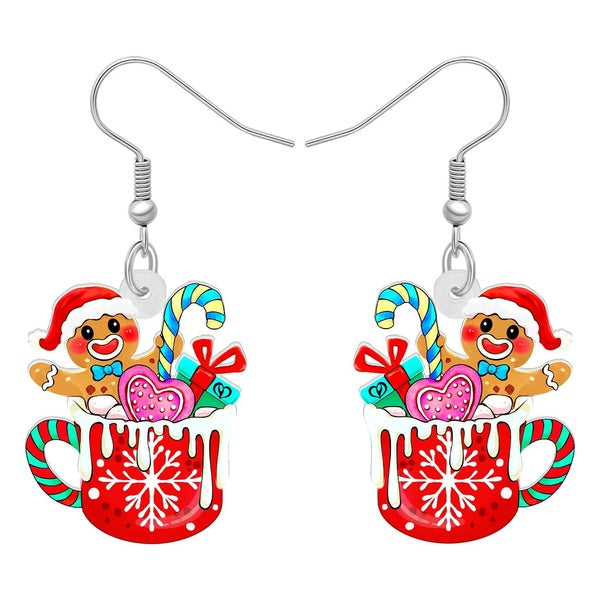 Boucles d'oreilles pendantes fantaisie en acrylique en forme de bonhomme en pain d'épices, de tasse de lait, cadeaux de Noël pour femmes, filles, enf