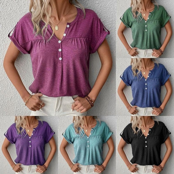 Women Elegant Solid Color Blouses Shirts Female Casual Short Sleeve V Neck Tops Ladies Basic Fashion Blouses