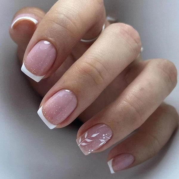 24 Pieces Glossy Pink Fake Nails White Leaf Design Short Square with White Line Nude False Nail with Glitters for Girls Women Daily Wear