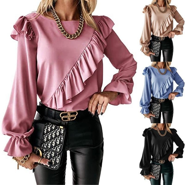 Chemisiers plissés élégants pour femmes mode décontracté col rond chemisiers à manches longues hauts dames automne hiver Blouses hauts