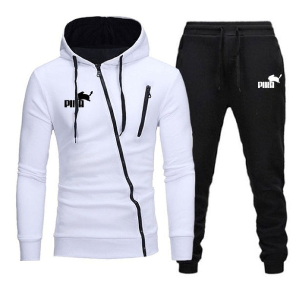 Men Personality Tracksuit Sportswear Fashion Zipper Printed Hoodie + Pant Autumn Winter Casual Warm Set