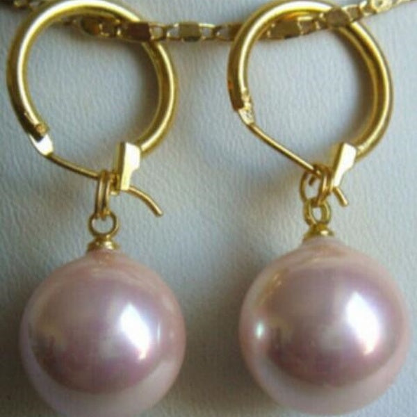 BOUCLE D'OREILLE PENDANTE EN PERLES DE COQUILLAGE DE MER DU SUD ROSE 16MM AAA+ PERFECT