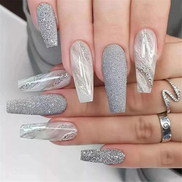Fake Nails Art Long Ballerina Press On Nails Glitter Silver Coffin Fake Nails Full Cover French Manicure Tips