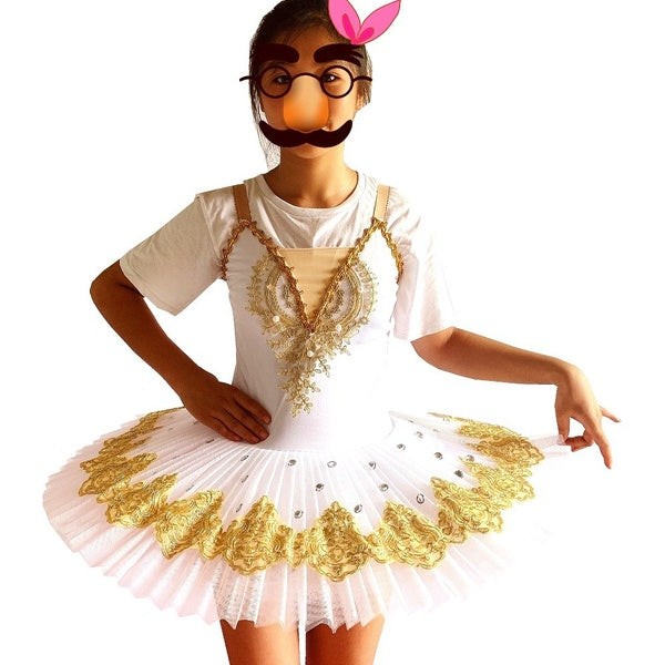 Professional Dance Wear Tutu Skirts White Gold Ballet Dress Stage Performance Costumes