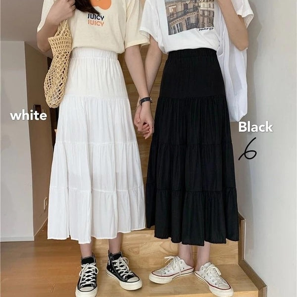Spring Summer Women Chiffon Skirts Vintage High Waist Elastic Patchwork White Black Chic Long Cake A-line Skirt for Student
