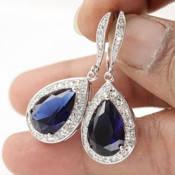 Exquis 925 Sterling Silver Hook Teardrop Blue Sapphire Drop Boucles d'oreilles pour la mariée Mariage Party Femmes Boucles d'oreilles Saint Valentin