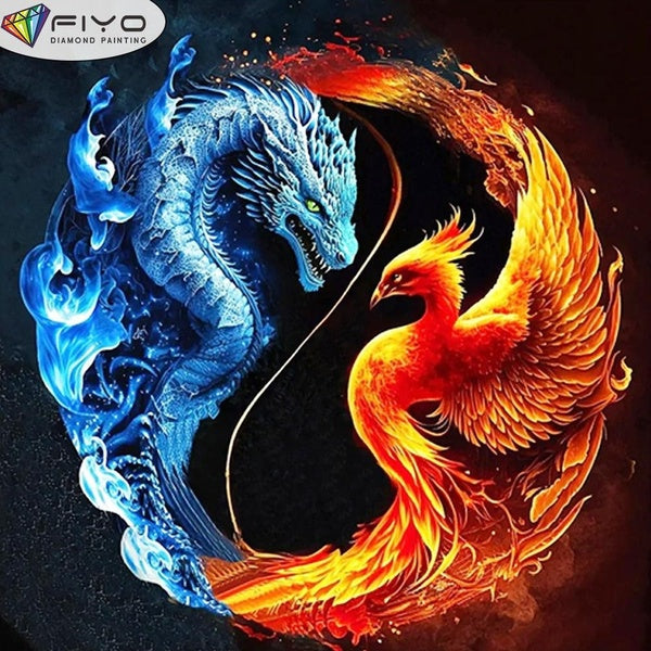 FIYO DIY 5D Dragon and Phoenix Diamond Painting Full Drill with Number Kits Home and Kitchen Fashion Mosaic Diamond Painting Canvas Wall Decoration G