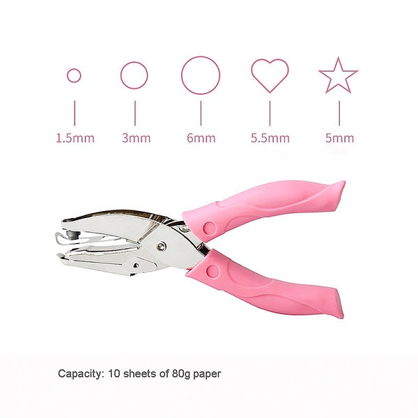Single Hole Puncher with Pink Soft-Handle, 10 Sheets Capacity At Most, Circle Heart Star Shaped Metal Handheld Paper Punch for Classic Office Portabl