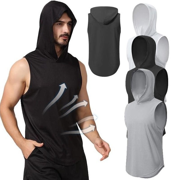 Men Sleeveless Muscle Bodybuilding Tank Top Summer Mesh Breathable Moisture Wicking Sweatproof Fitness Workout Vest with hooded