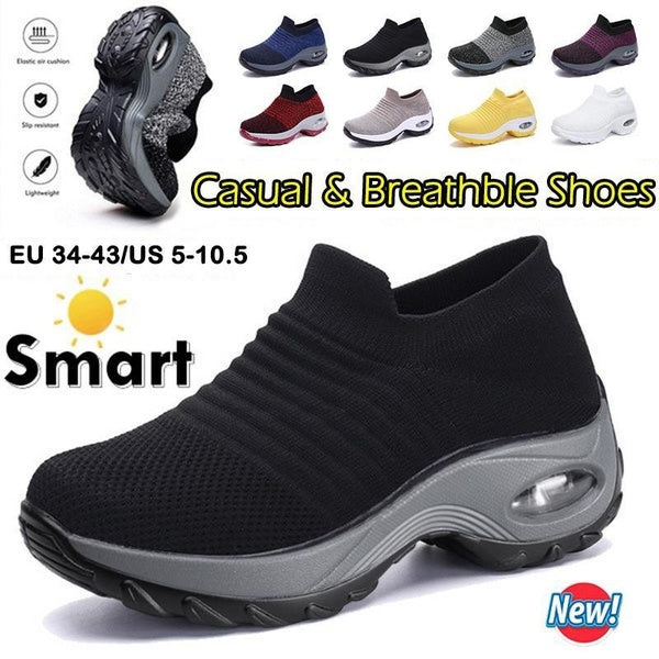 Women's Fashion Slip On Thick Bottom Wedge Sneakers Knitting Breathable Mesh Shoes Comfortable Lightweight Non-slip Walking Shoes Size 34-43