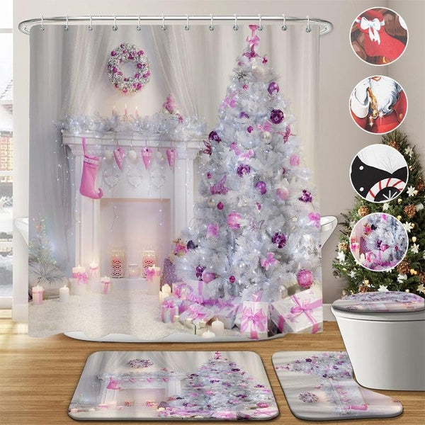 1-4pcs Christmas Shower Curtains For Bathroom, Christmas Tree With Pink Balls Xmas Gifts Fireplace Shower Curtain Set With 12 Hooks, Winter Holiday D