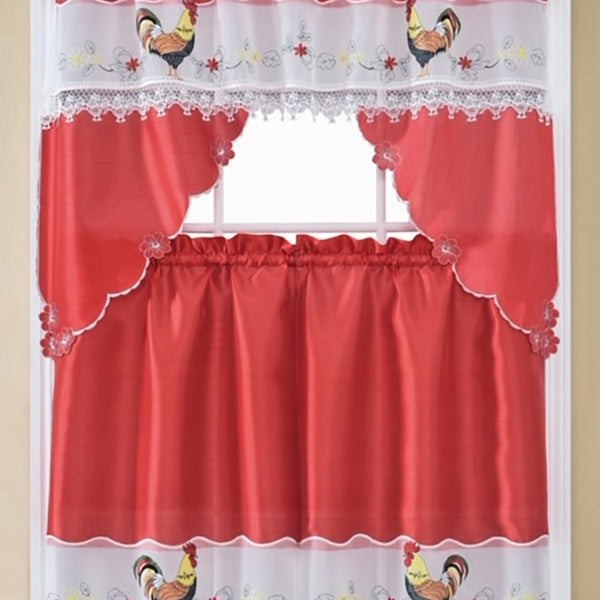 Rooster 3-Piece Embroidered Kitchen Curtain Set, Red, Tier 30x36, Valance 60x36 Inches