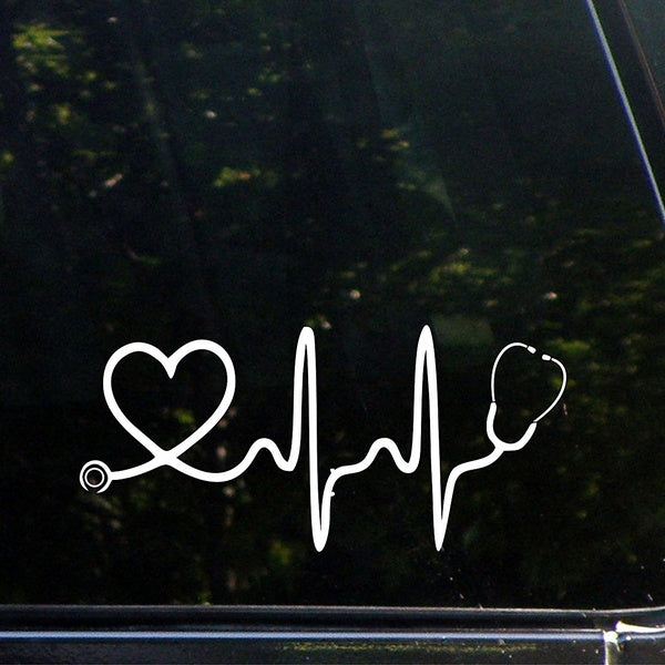 8"x3.75" Stethoscope Big Heart - Vinyl Die Cut Decal - Bumper Sticker For Windows, Trucks, Cars, Laptops