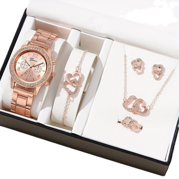 Bracelet en acier montre pour femme ensemble trois yeux or Rose collier coréen Bracelet bague ensemble de montre à Quartz