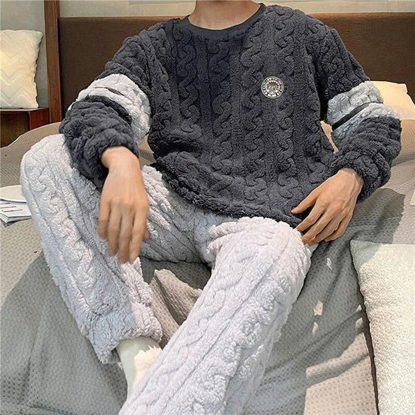 Winter Men Thicken Coral Velvet Pijamas Sleepwear Cartoon Leisure Pajamas Set Soft Coral Fleece Pyjama Homme For Sleeping