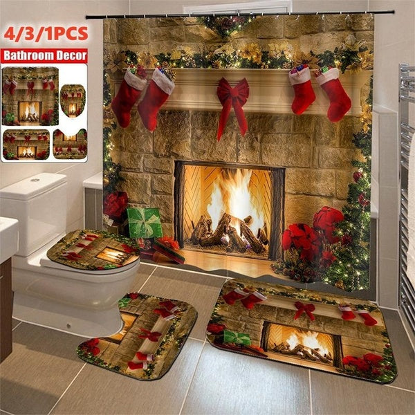 3D Christmas Fireplace Bonfire Atmosphere Pattern Shower Curtain Set Waterproof Shower Curtain+ Non Slip Bathroom Pedestal Rug + Toilet Lid Cover + F
