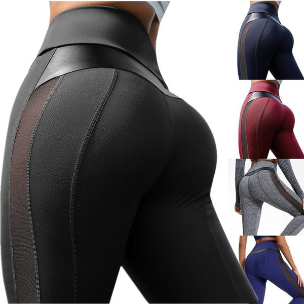 Mode femmes taille haute Net gaze et cuir Patchwork maigre Fitness Yoga pantalon GYM course Sport Leggings pantalon extensible