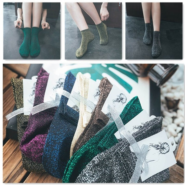 1 Pairs Retro Lady Glitter Shiny Piles Socks Thin Cotton Middle Tube Sox