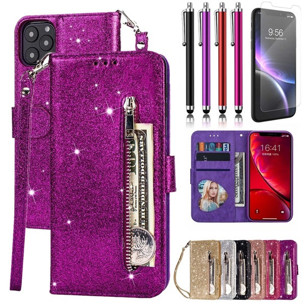 Fashion Powder Glitter PU Leather Wallet Card Holder Flip With Screen Protector Zipper Design Case For iPhone12 12 Pro 12 Mini 12 Pro Max  11 11Pro 