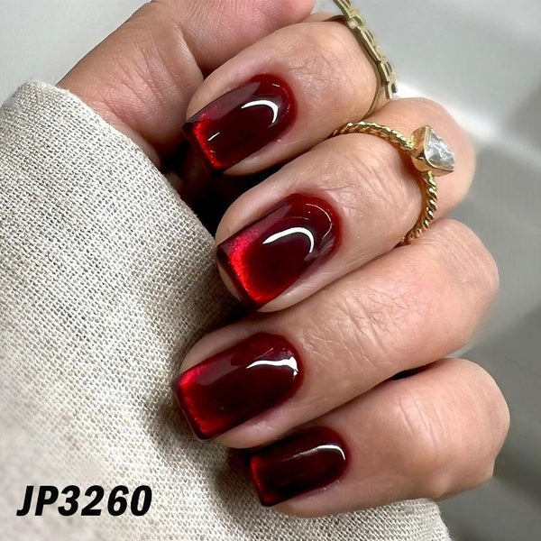 Blood Red Cat Eyes Wearable Nails Solid Colored Fake Nails French Glitter Powder Short Fake Nails Fake Nails With Glue for Girls