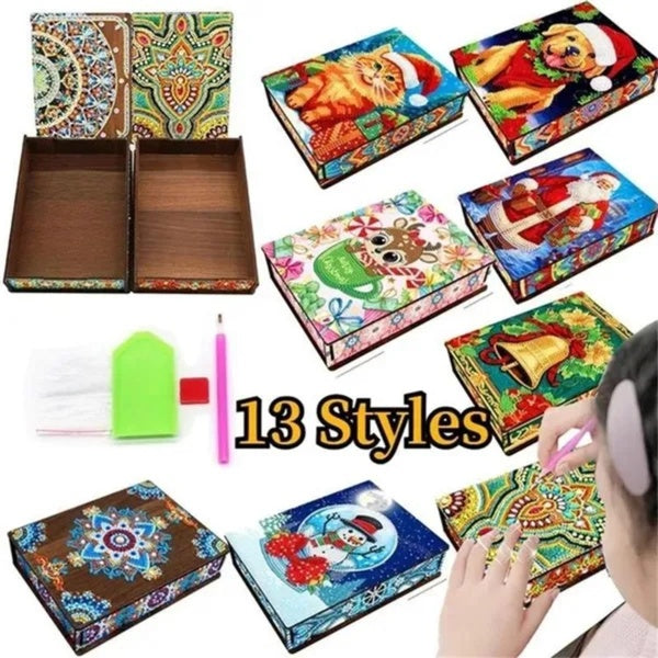 1PCS Merry Christmas Mandala Diamond Painting Jewelry Storage Box DIY Wood Organizer Case Art Kit Handmade Xmas Gifts 13 Styles