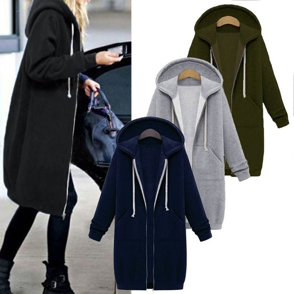 Spring Autumn Coat Women Casual Long Zipper Hooded Jacket Hoodie Sweatshirt Vintage Outwear Coat Plus Size