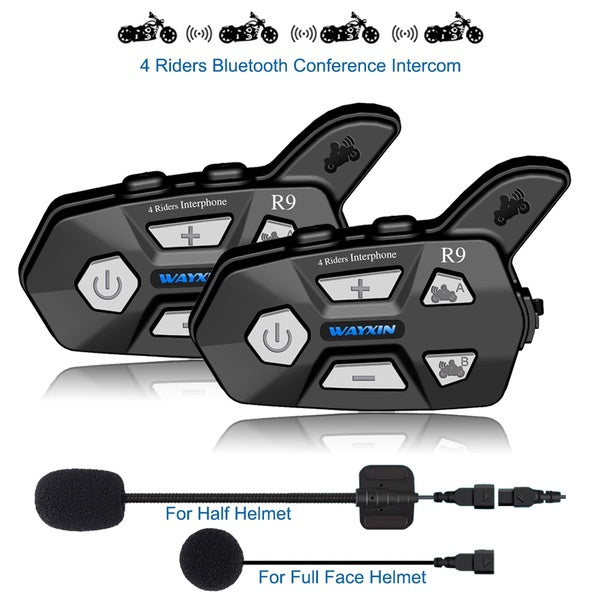 WAYXIN New Helmet Headsets R9 2Pcs Bluetooth Intercom For Motorcycle 4 Riders Talking Same Time Bluetooth Intercom FM 4 Riders