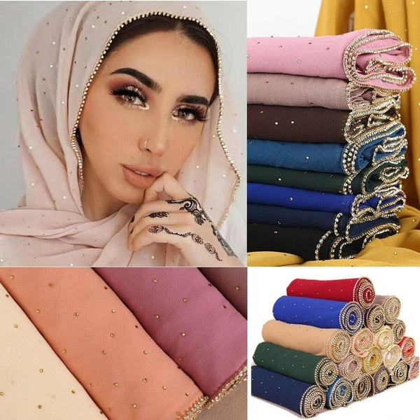 70*180cm Muslim Women Bubble Chiffon Hijab Scarf Diamonds Glitter Femme Musulman Shawls Islamic Headscarf
