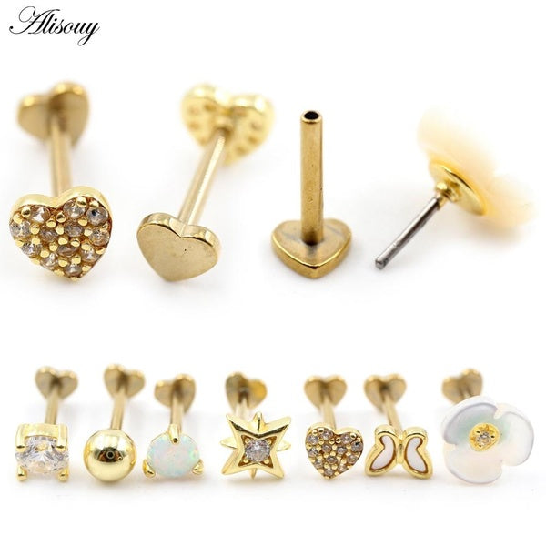 Lot de 2 piercings d'oreille en acier inoxydable sans filetage, boule, étoile, papillon, caur, fleur, opale, zircon, cartilage, lèvres, anneau