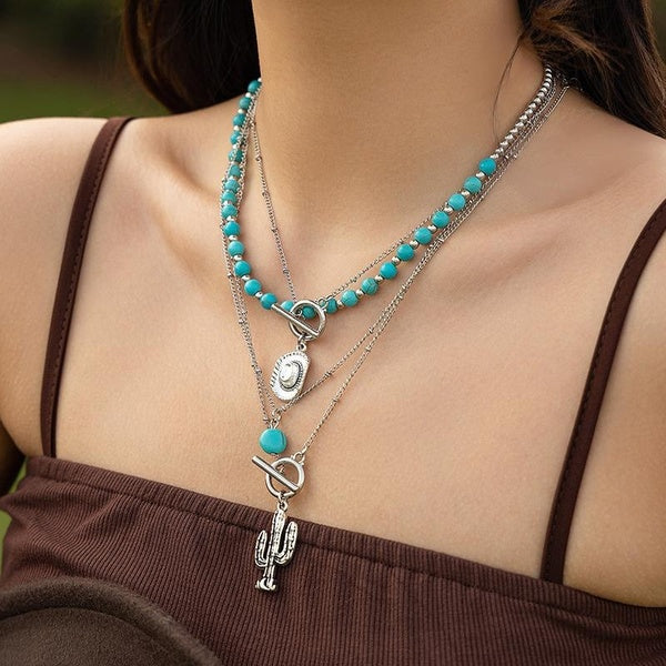 Turquoise Beaded Necklace Boho Pendant Long Choker Necklaces for Women Jewelry Gift